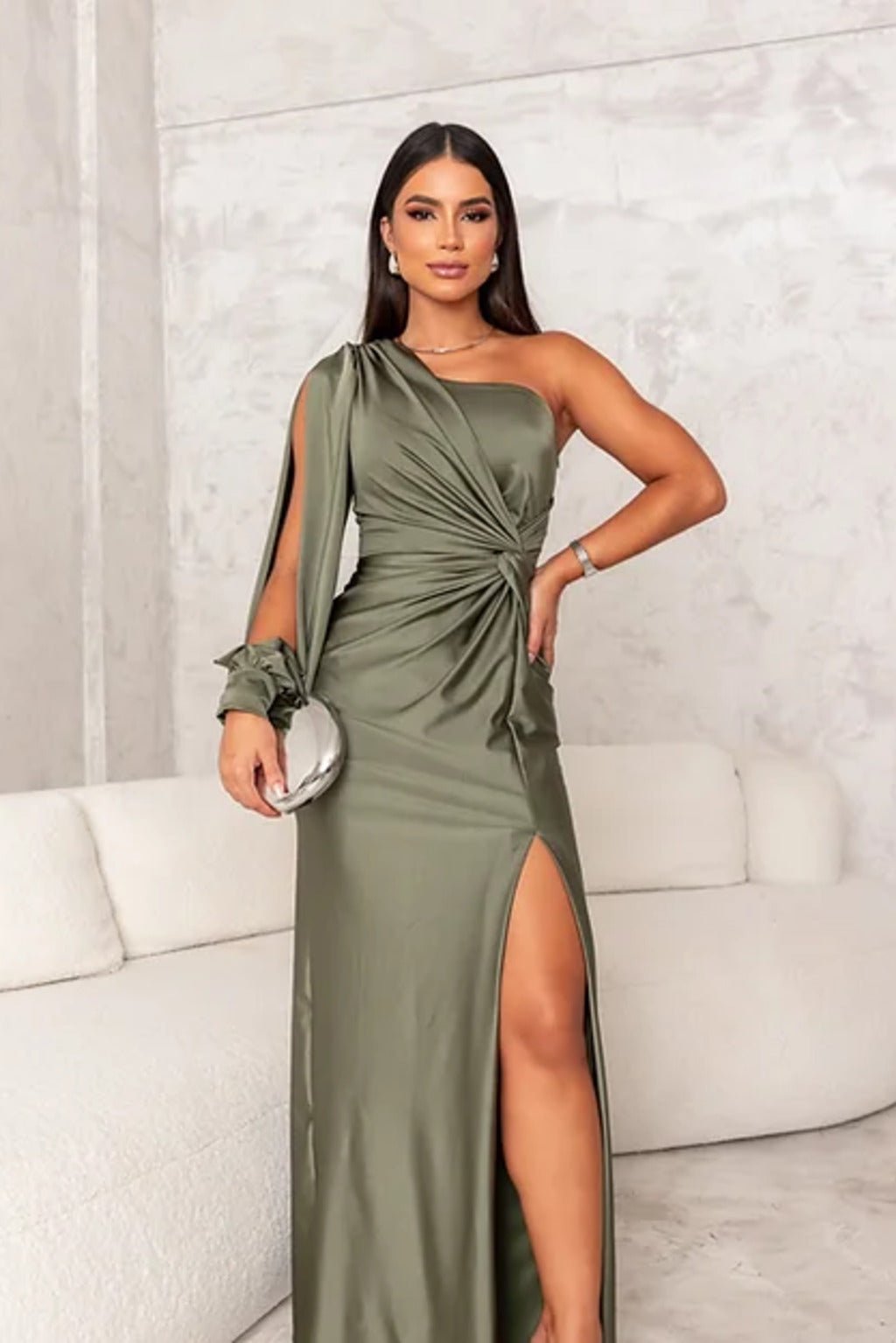 One Shoulder Draped Long Sleeve Twist Waist Ruched High Split Satin Maxi Dress