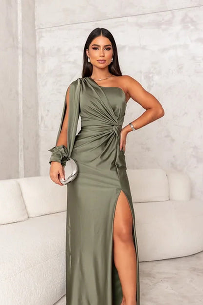 One Shoulder Draped Long Sleeve Twist Waist Ruched High Split Satin Maxi Dress