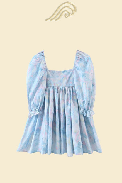 Square Neck Puff Sleeve Empire Waist Floral Print Mini Dress