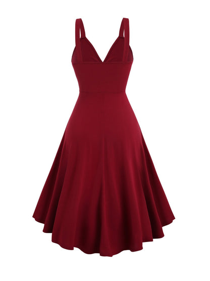 Surplice V-Neck Ring Detail Sash Belt High-Low A-Line Sleeveless Dress