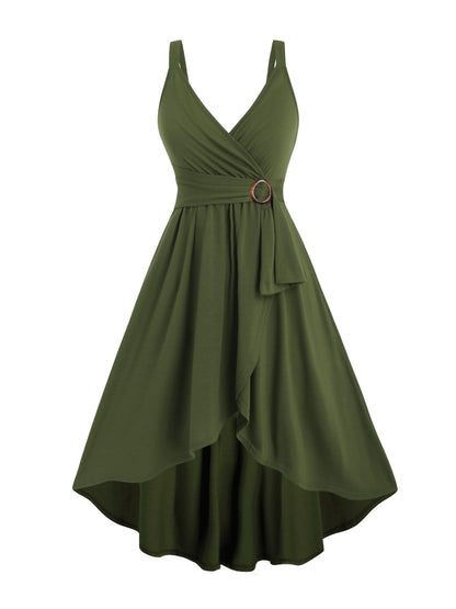 Surplice V-Neck Ring Detail Sash Belt High-Low A-Line Sleeveless Dress