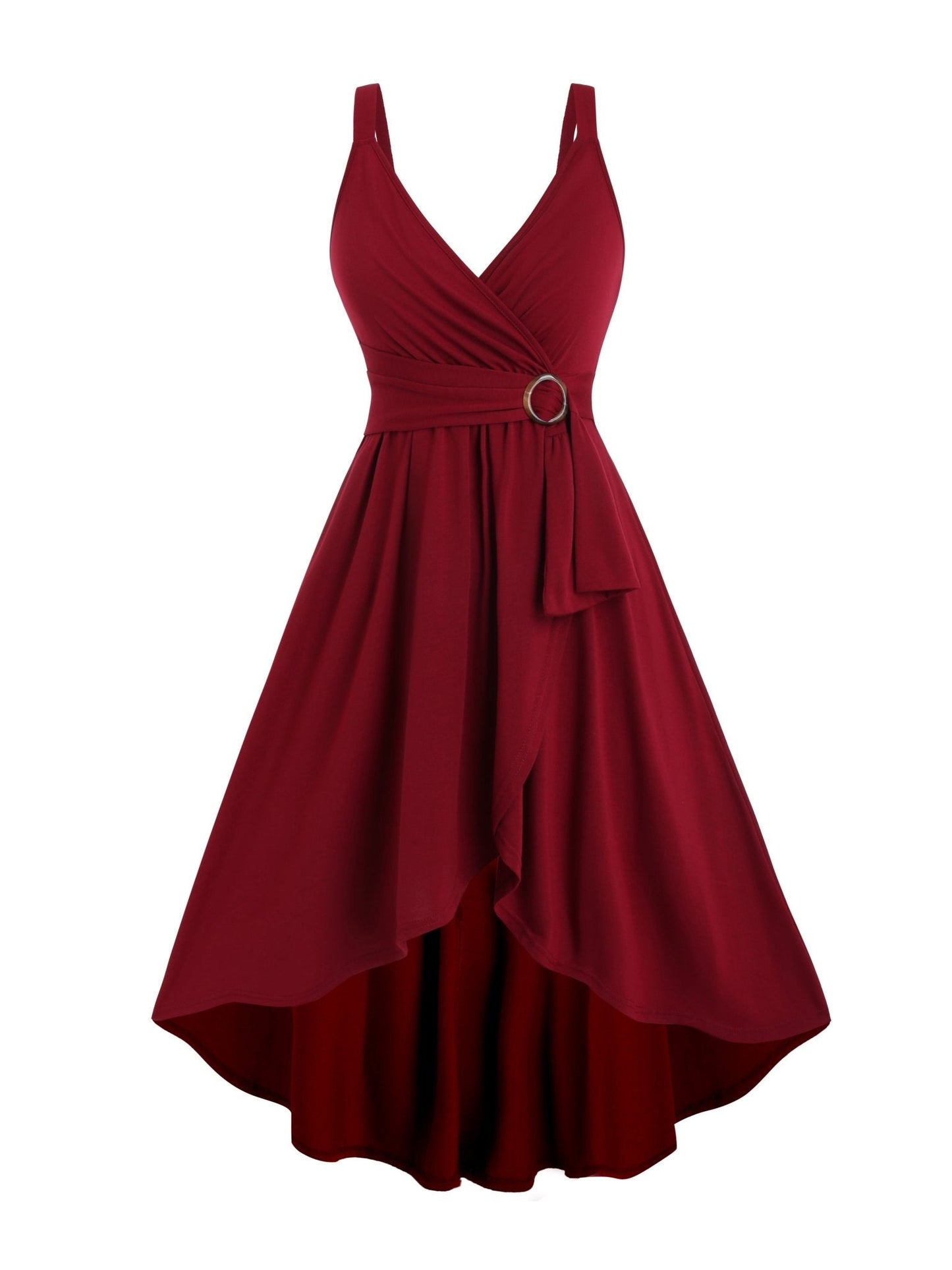 Surplice V-Neck Ring Detail Sash Belt High-Low A-Line Sleeveless Dress