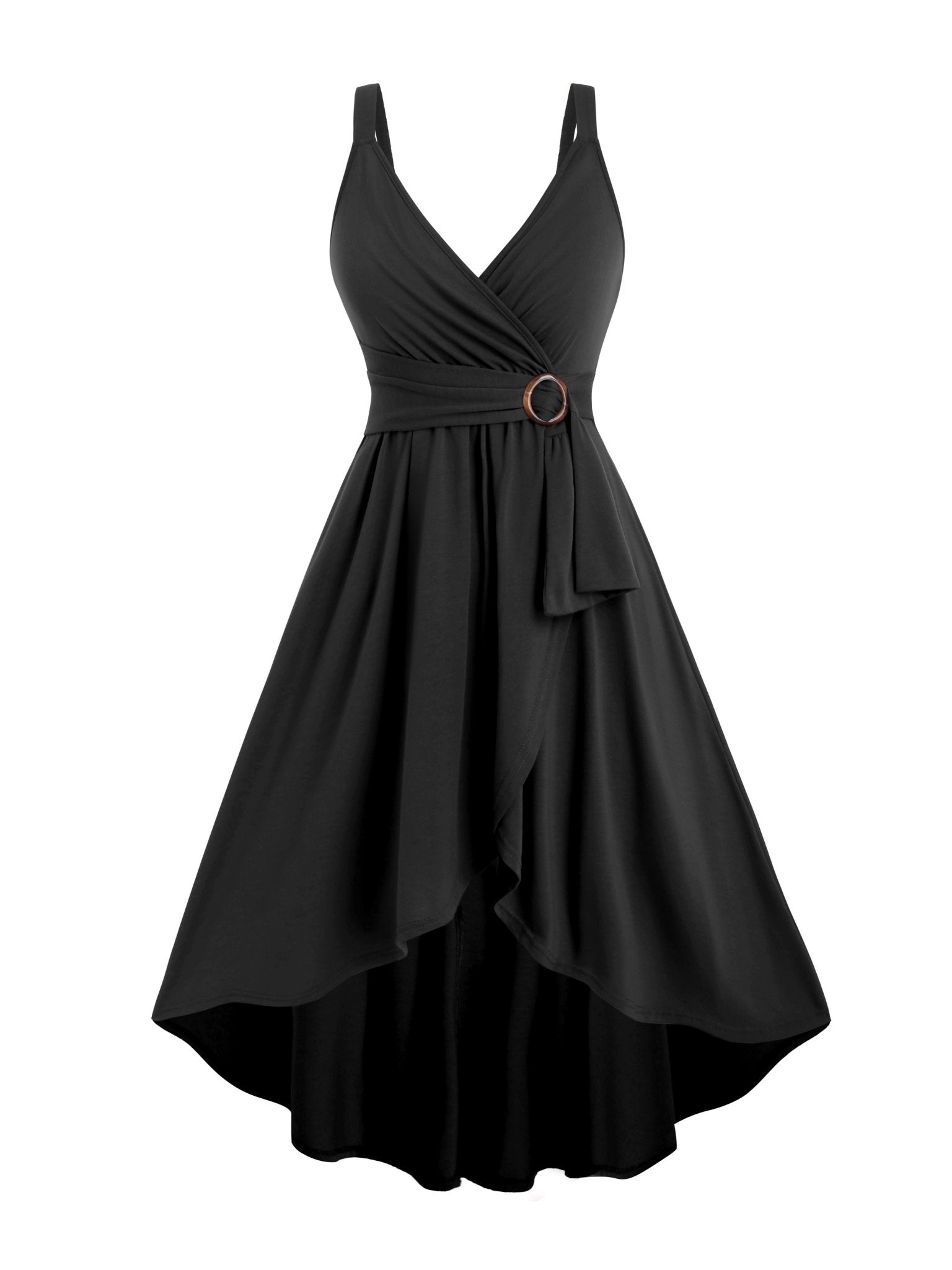 Surplice V-Neck Ring Detail Sash Belt High-Low A-Line Sleeveless Dress