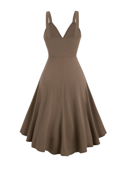 Surplice V-Neck Ring Detail Sash Belt High-Low A-Line Sleeveless Dress