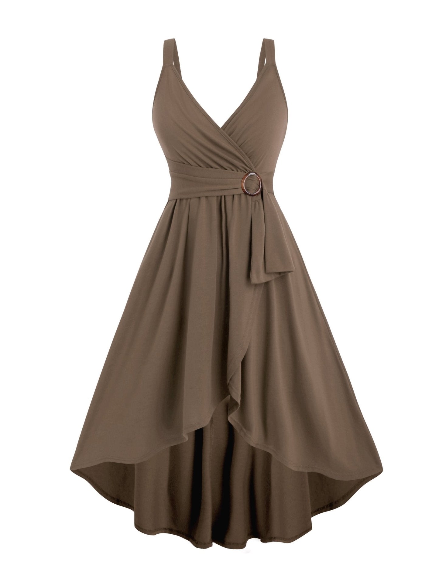 Surplice V-Neck Ring Detail Sash Belt High-Low A-Line Sleeveless Dress