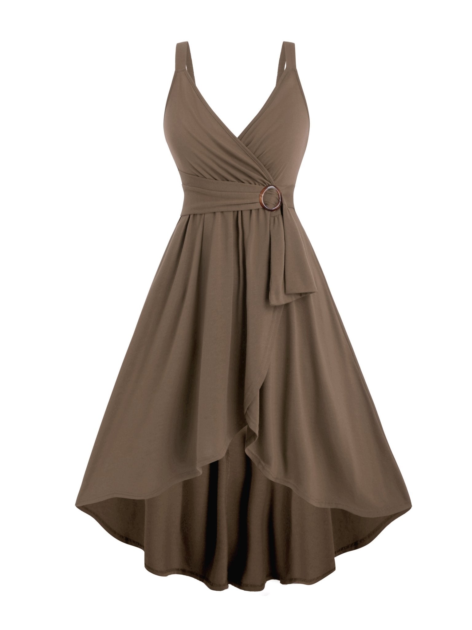 Surplice V-Neck Ring Detail Sash Belt High-Low A-Line Sleeveless Dress