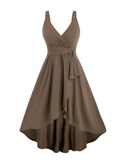 Surplice V-Neck Ring Detail Sash Belt High-Low A-Line Sleeveless Dress