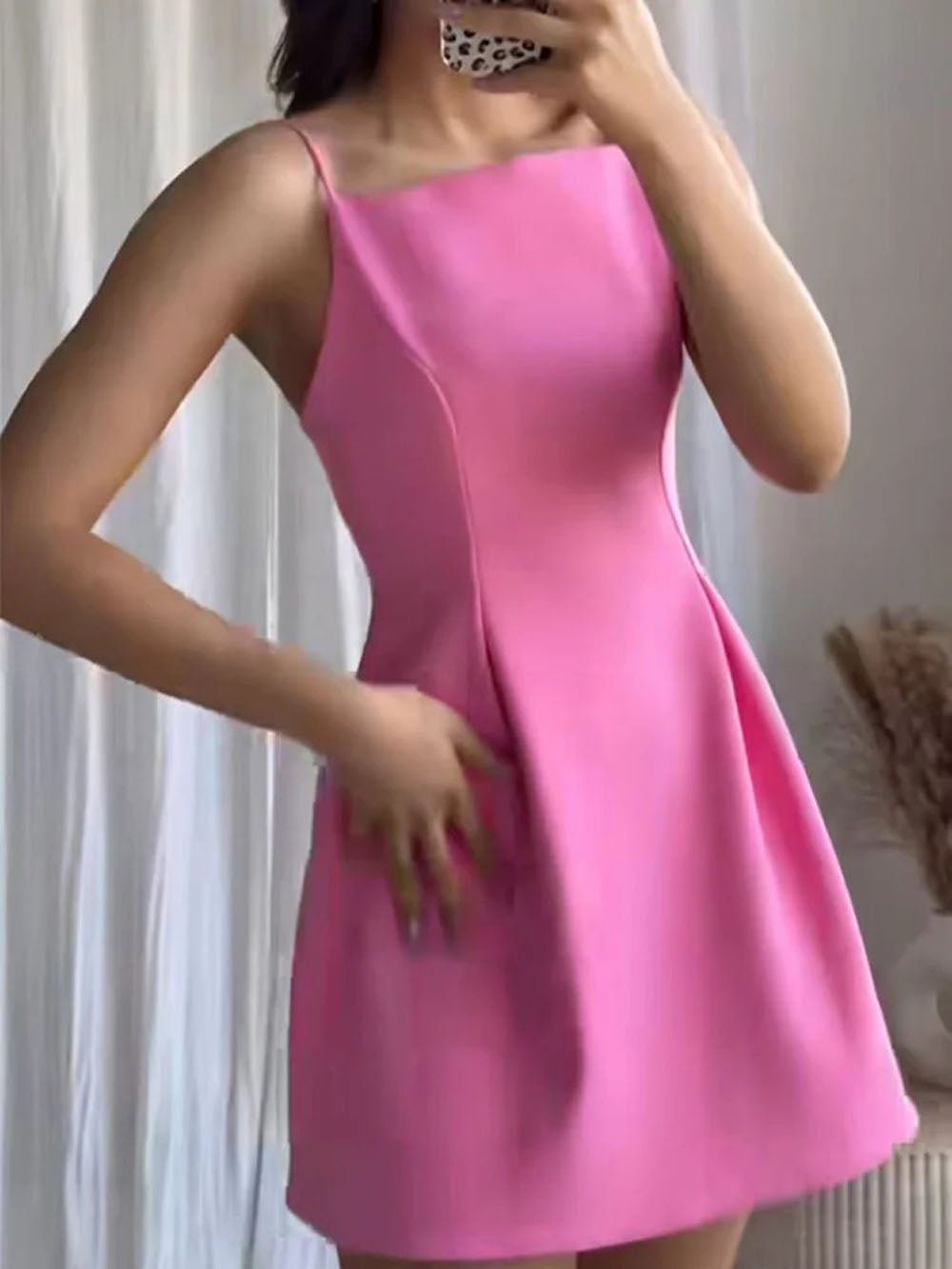 Square Neck Spaghetti Strap Princess Seam Fit and Flare Mini Dress