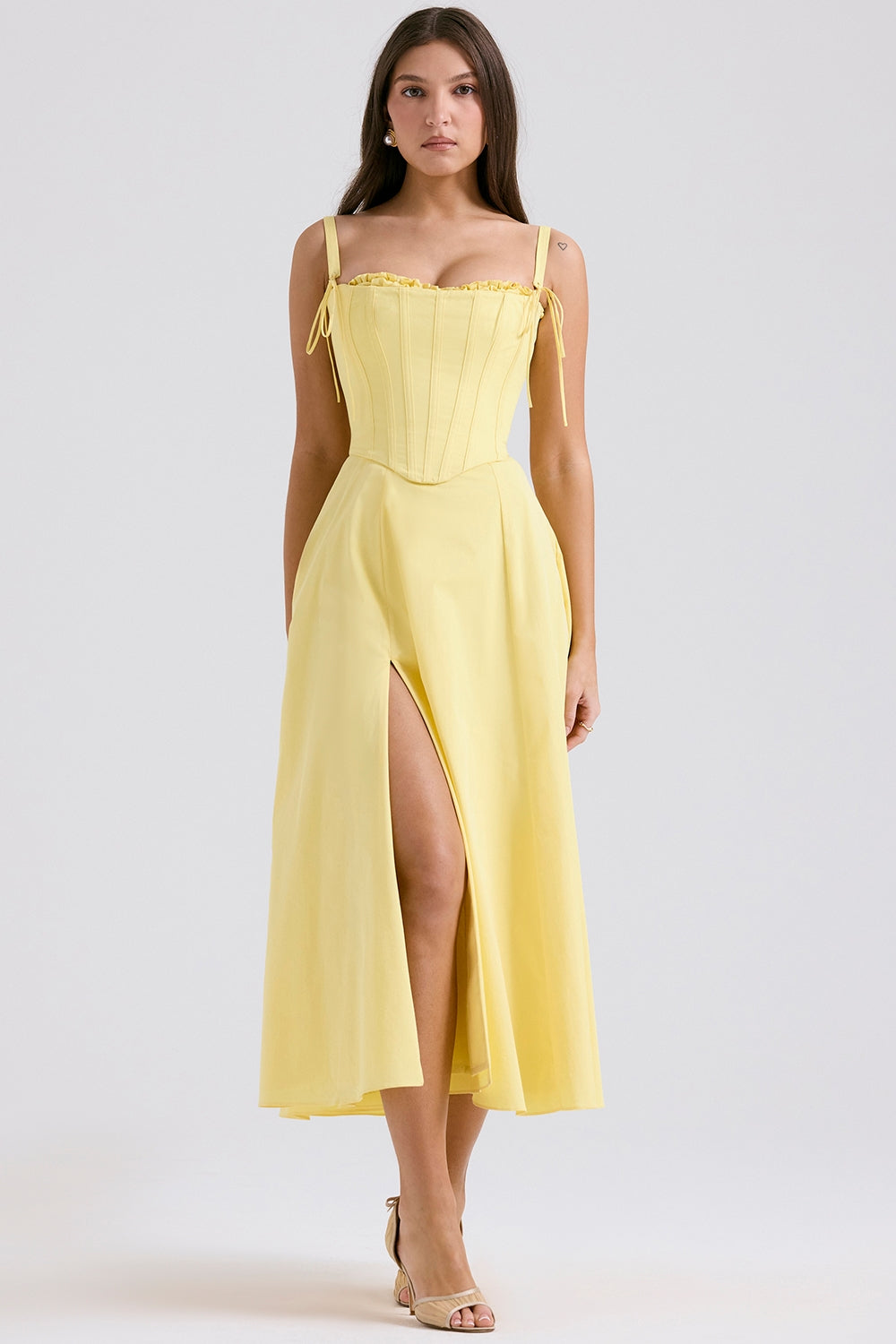 Corset Bodice Tie Strap Ruffle Trim High Slit Midi Dress