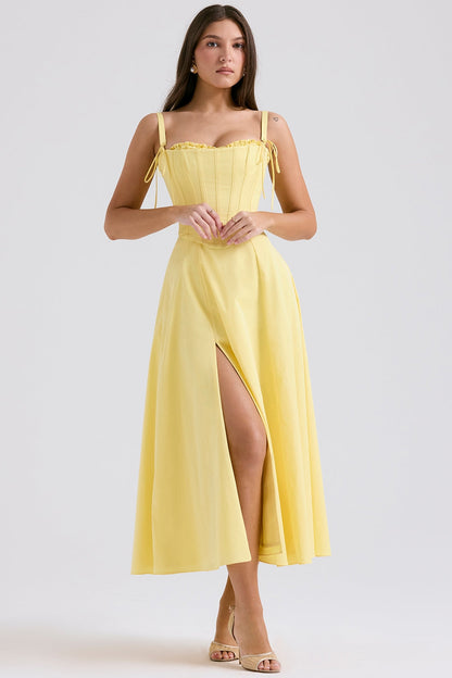 Corset Bodice Tie Strap Ruffle Trim High Slit Midi Dress