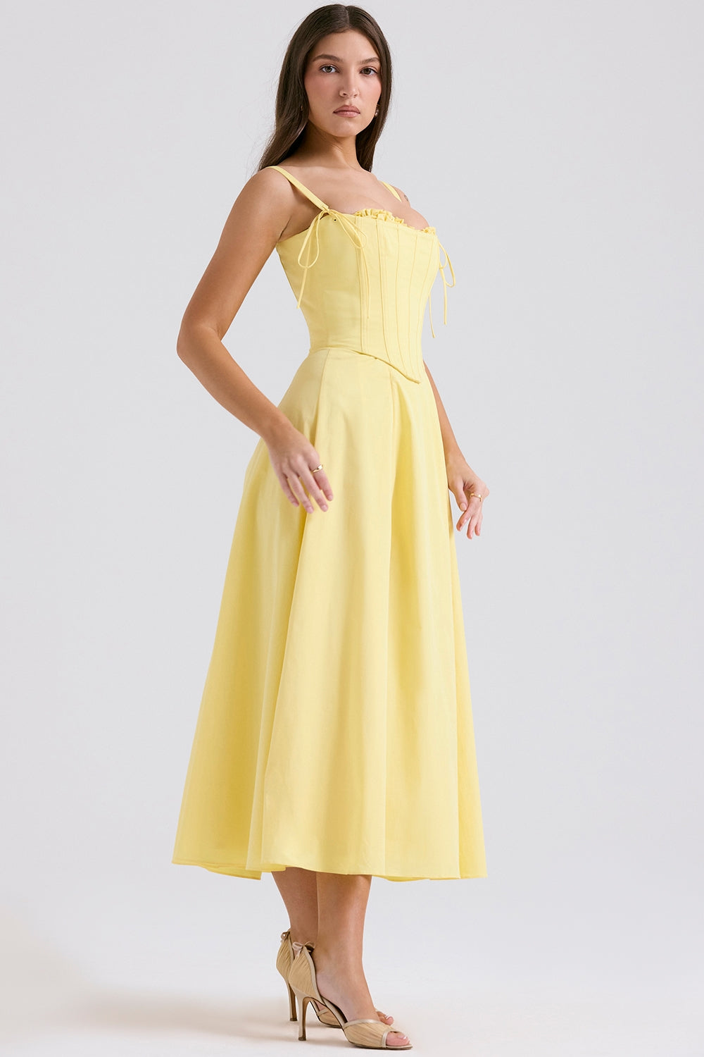 Corset Bodice Tie Strap Ruffle Trim High Slit Midi Dress
