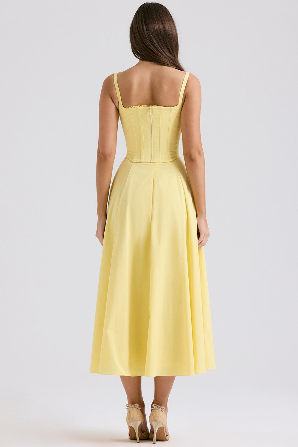 Corset Bodice Tie Strap Ruffle Trim High Slit Midi Dress