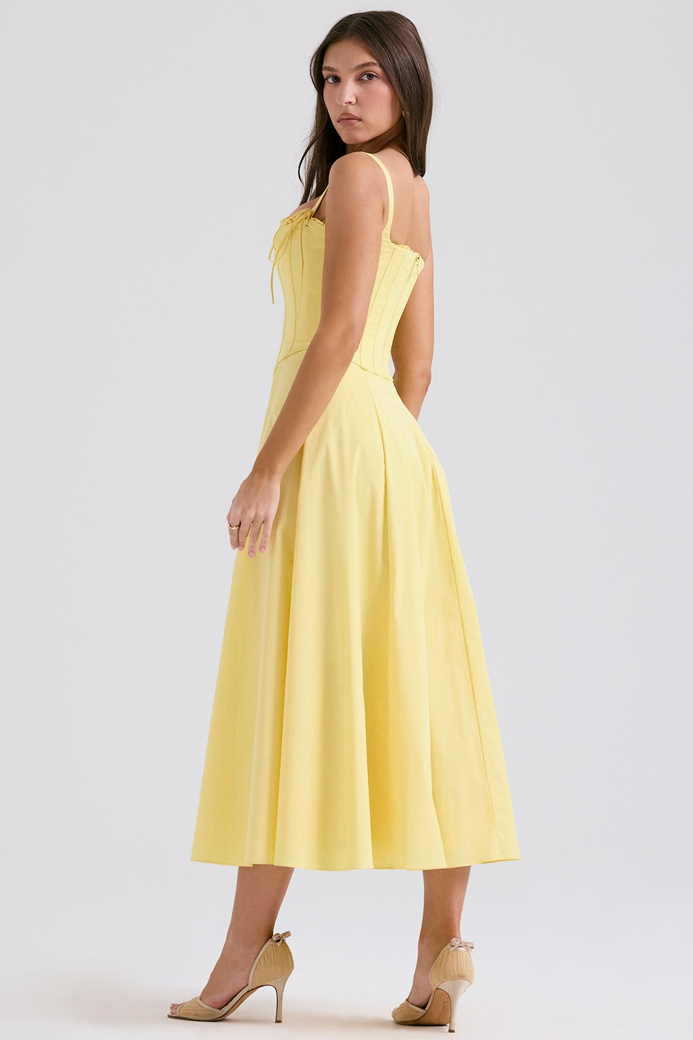 Corset Bodice Tie Strap Ruffle Trim High Slit Midi Dress