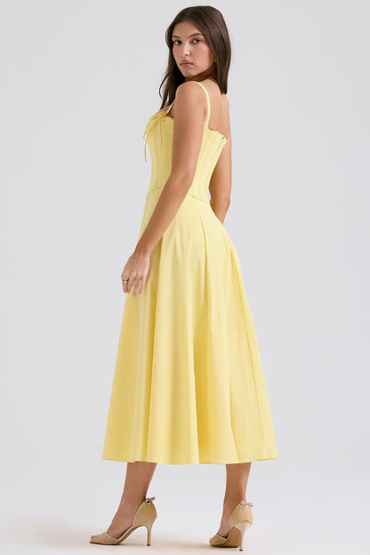 Corset Bodice Tie Strap Ruffle Trim High Slit Midi Dress
