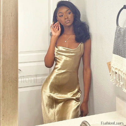 Classy Cowl Neck Tie String Silky Slip Maxi Dress - Champagne