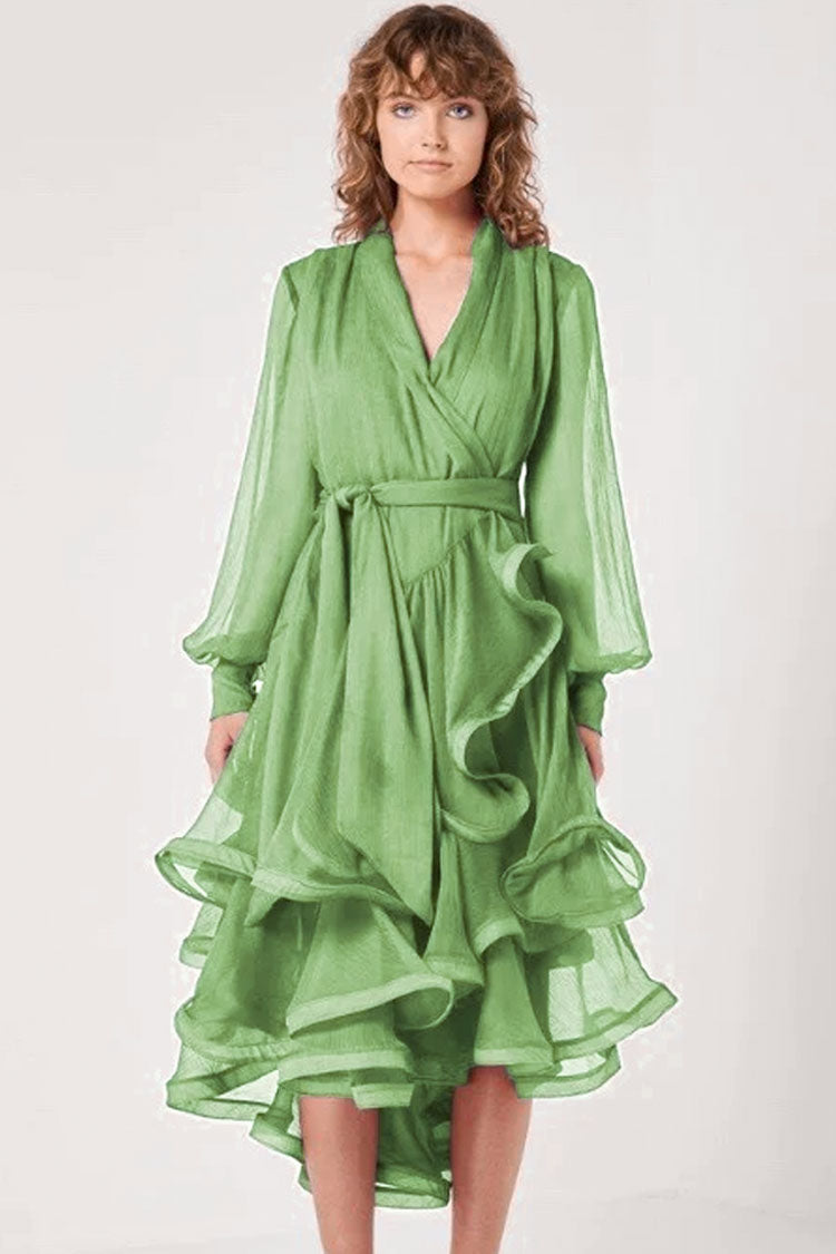 Chiffon Wrap Deep V-Neck Balloon Sleeve Tiered Ruffle Midi Dress