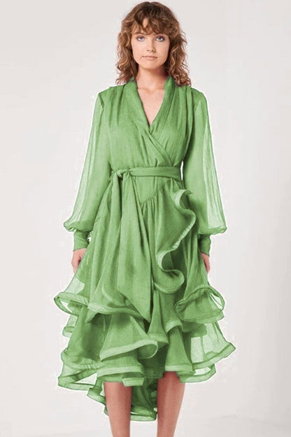 Chiffon Wrap Deep V-Neck Balloon Sleeve Tiered Ruffle Midi Dress