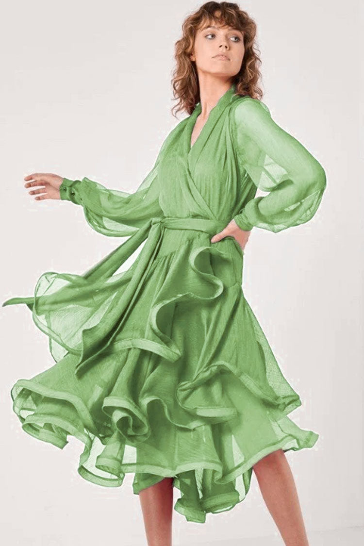Chiffon Wrap Deep V-Neck Balloon Sleeve Tiered Ruffle Midi Dress
