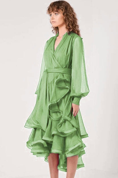 Chiffon Wrap Deep V-Neck Balloon Sleeve Tiered Ruffle Midi Dress