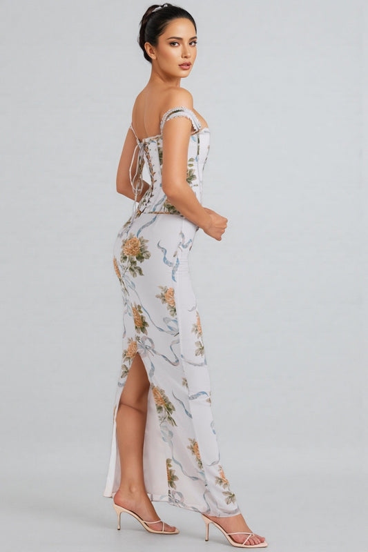 Setlla Soft Blue Vintage Print Corset Maxi Dress