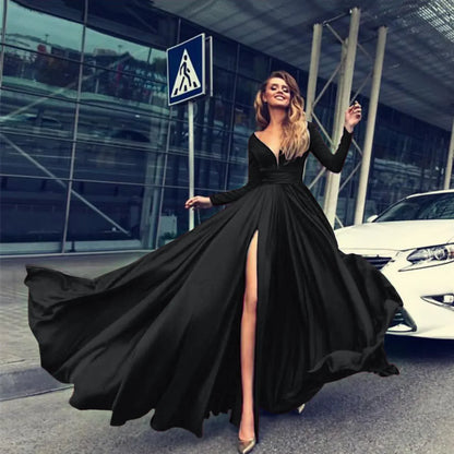 Cocktail For Women 2024 Classy Solid Color Long Sleeve V Neck Maxi Red Vintage Formal A-Line Prom Dress
