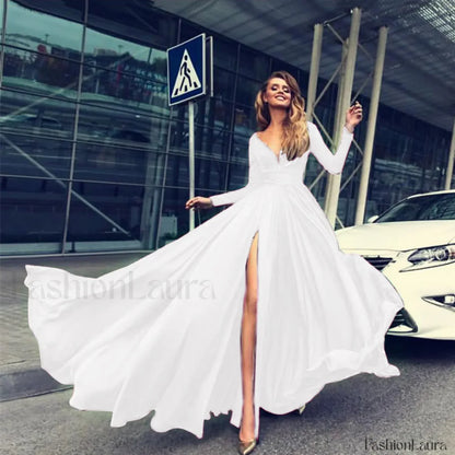 Cocktail For Women 2024 Classy Solid Color Long Sleeve V Neck Maxi Red Vintage Formal A-Line Prom Dress