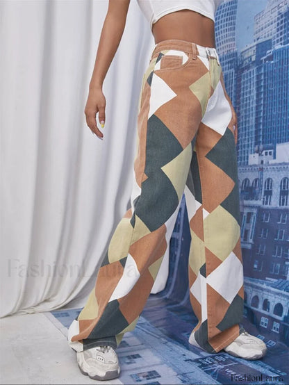 Color Block Argyle Print Wide Leg Jeans