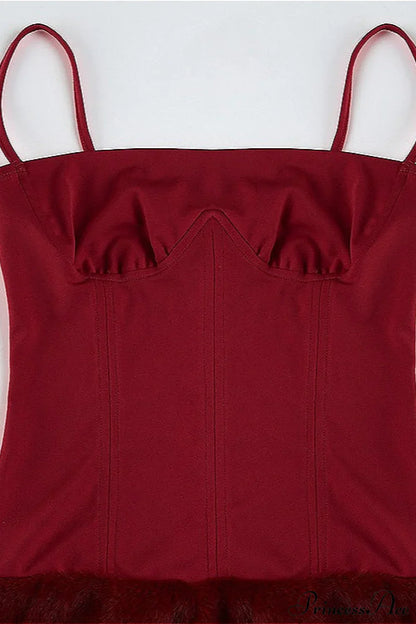 Color Block Faux Fur Spaghetti Strap Corset Party Dress
