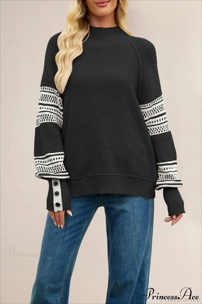 Color-Block Mock Neck Fashion Knit Sweater