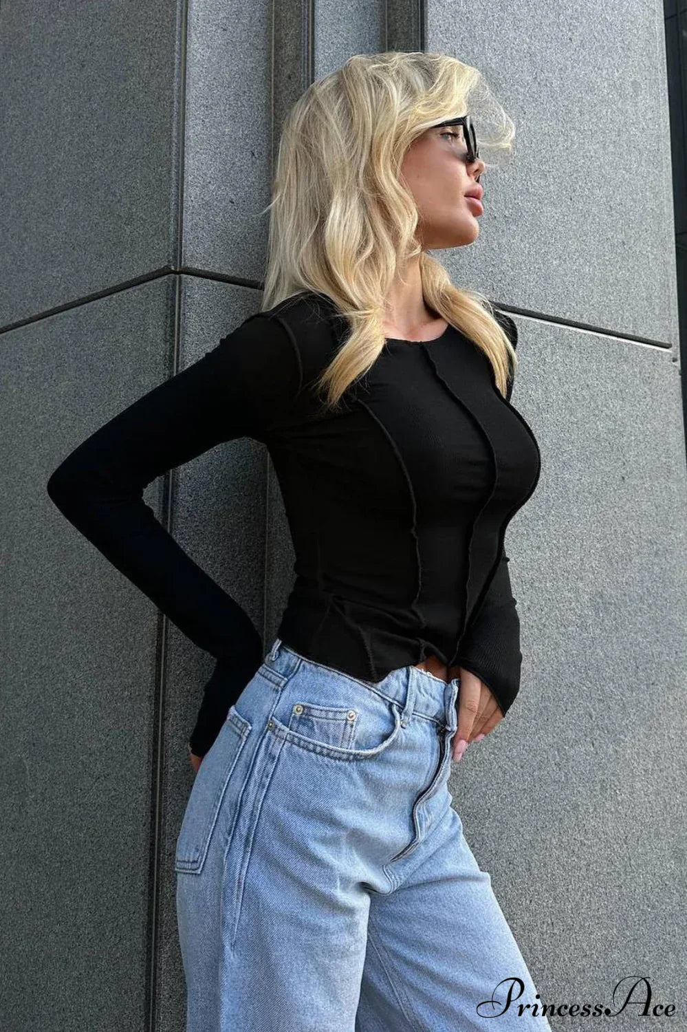 Color Block Ribbed Slim Crew Neck Long Sleeve Tee