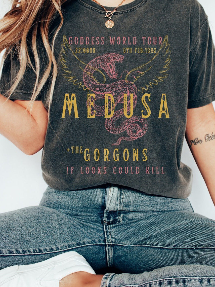 Women's Bold Letter Wings Snake Print Polo – Casual Round Neck T Shirt