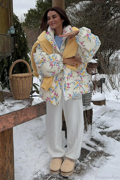 Colorful Print Stand Collar Zipper Cotton Blend Coat