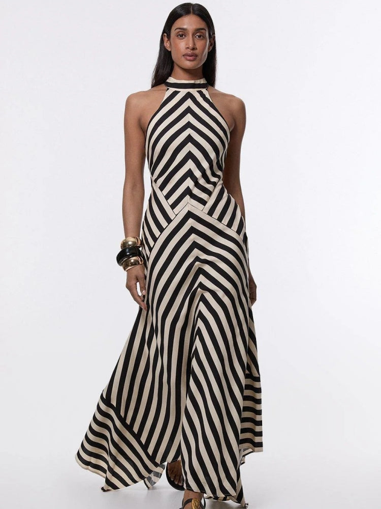Halter Neck Chevron Stripe Panel Mermaid Maxi Dress