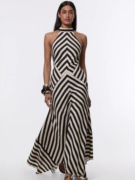 Halter Neck Chevron Stripe Panel Mermaid Maxi Dress