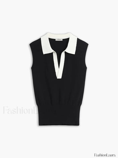 Contrast Trim Collar Trendy V-neck Knit Sweater Vest
