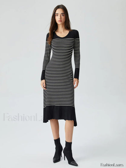 Contrast Trim Striped Crew Modern Neck Knit Sweater Dress