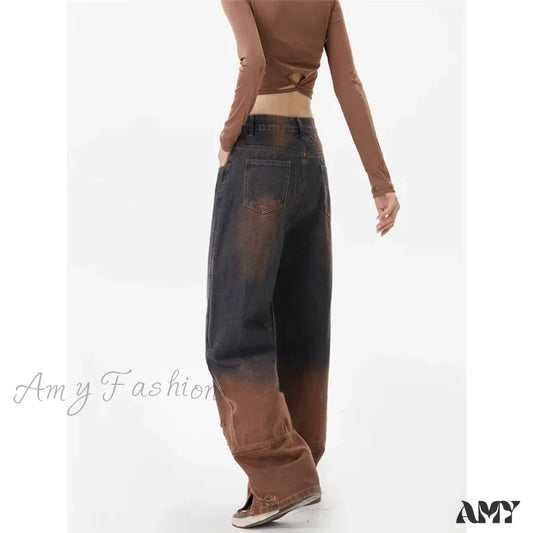 Contrasting Colors Vintage American Wide Leg Fashion Y2K Winter Female Jeans