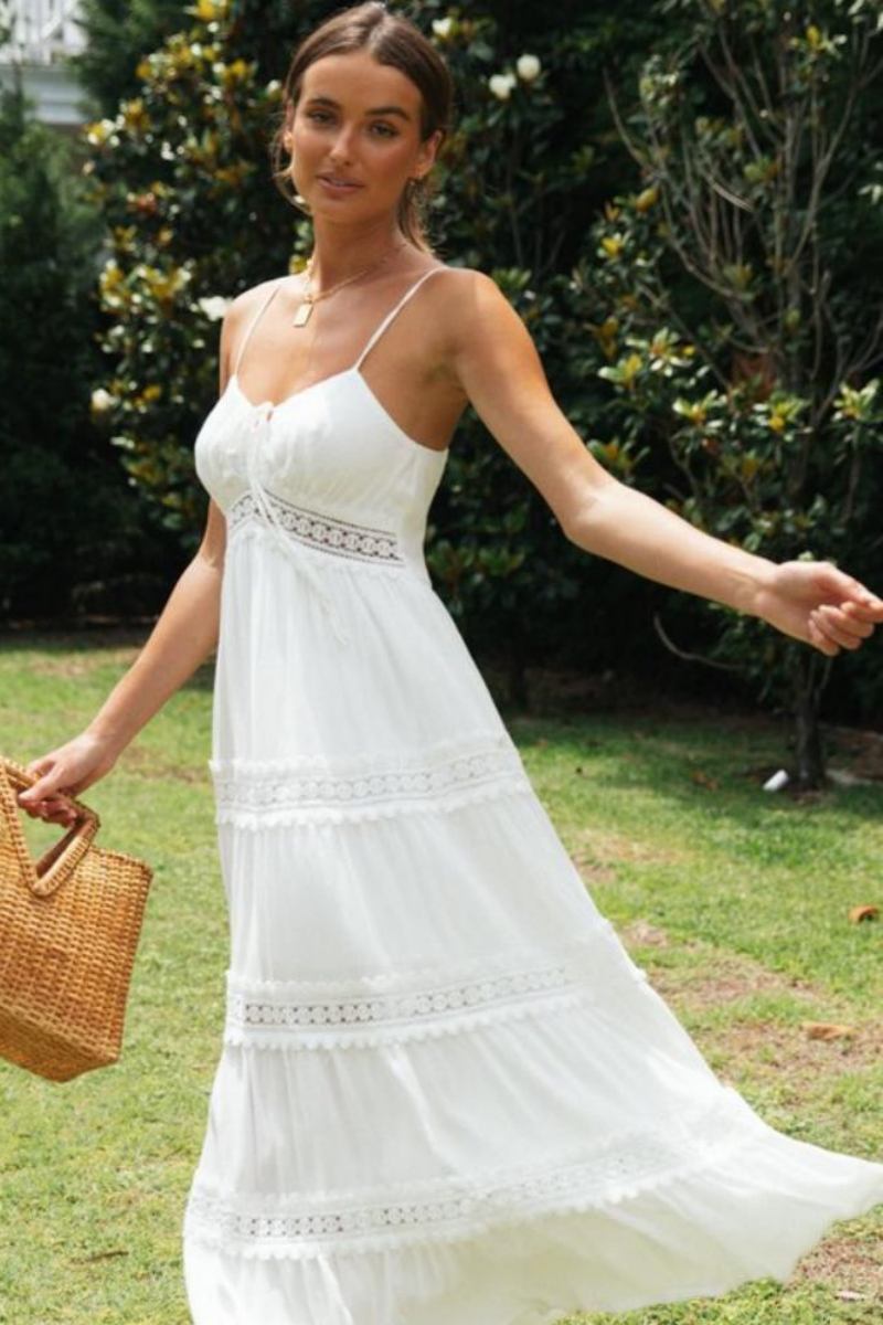 Lace Inset Tie-Front Spaghetti Strap Tiered Eyelet Border A-Line Maxi Dress