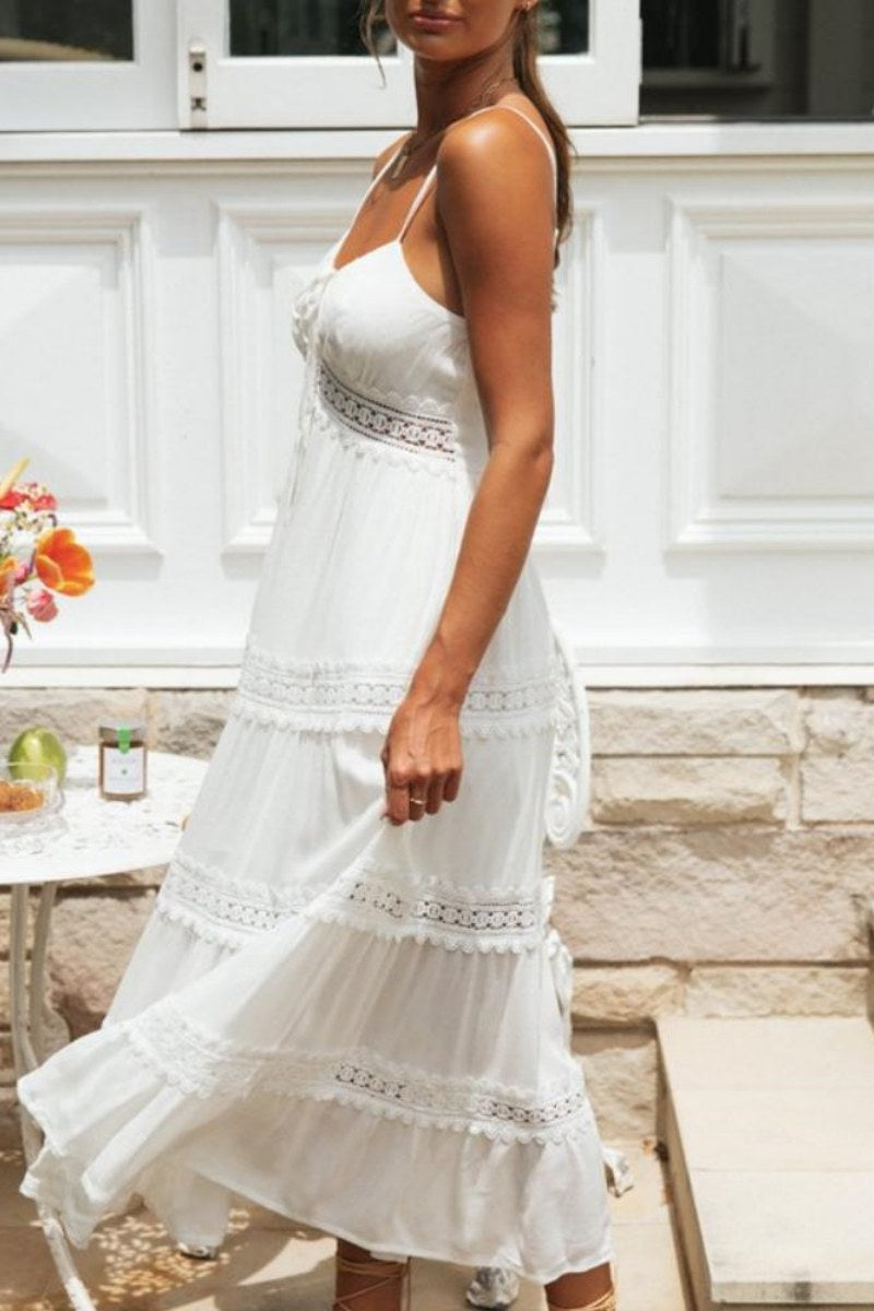 Lace Inset Tie-Front Spaghetti Strap Tiered Eyelet Border A-Line Maxi Dress