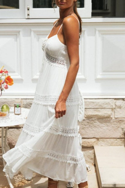 Lace Inset Tie-Front Spaghetti Strap Tiered Eyelet Border A-Line Maxi Dress