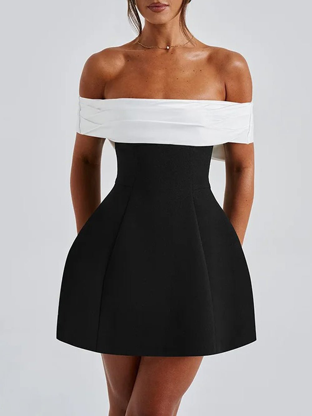 Off-the-Shoulder Contrast Band Fit and Flare Mini Dress