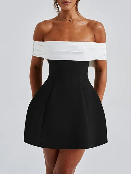 Off-the-Shoulder Contrast Band Fit and Flare Mini Dress