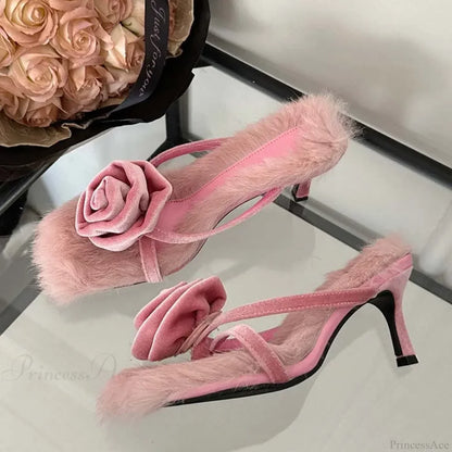 Corduroy Faux Fur Square Toe High Slides Summer Outdoor Low Heel Pump