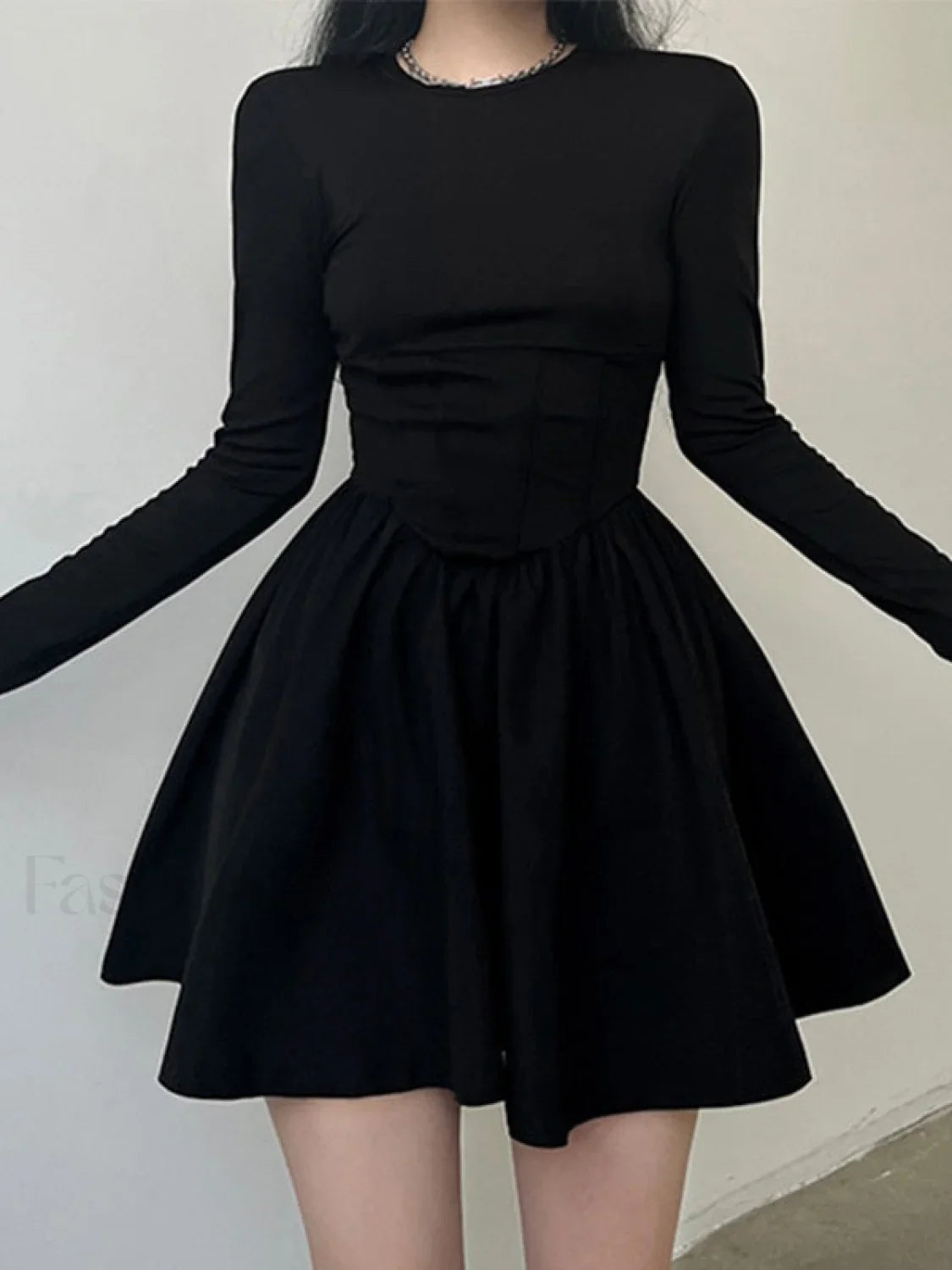 Corset Detail Black Long Sleeve Mini Dress