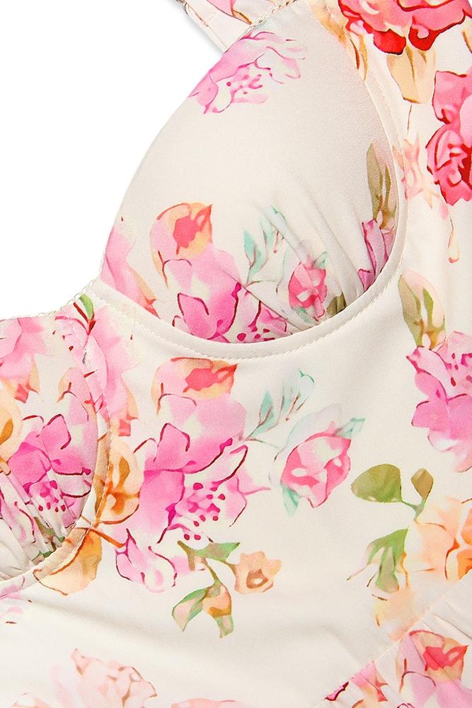 Floral Print Bustier Sweetheart Corset Bodice Ruffle Tier Flared Midi Dress