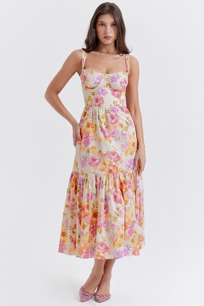 Floral Print Bustier Sweetheart Corset Bodice Ruffle Tier Flared Midi Dress