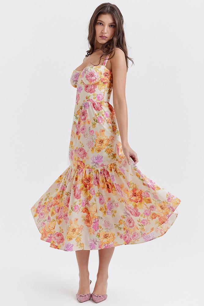 Floral Print Bustier Sweetheart Corset Bodice Ruffle Tier Flared Midi Dress