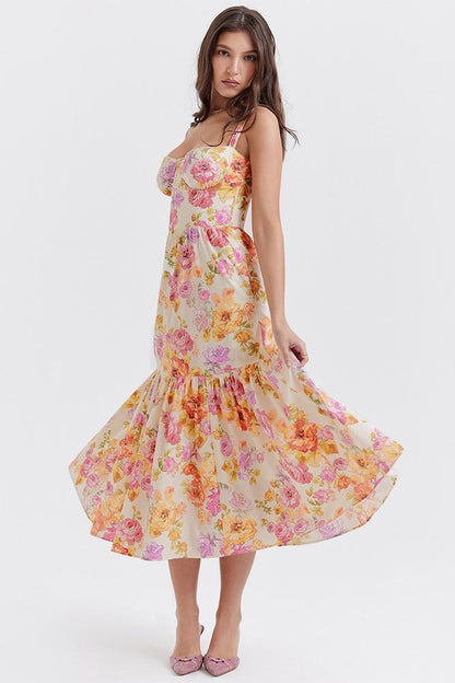 Floral Print Bustier Sweetheart Corset Bodice Ruffle Tier Flared Midi Dress
