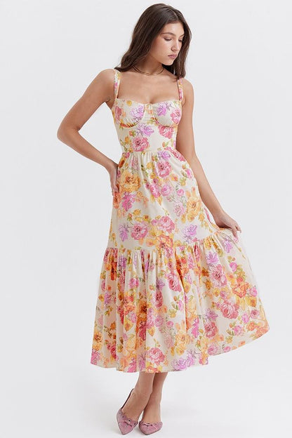 Floral Print Bustier Sweetheart Corset Bodice Ruffle Tier Flared Midi Dress