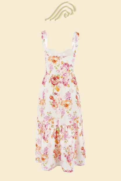 Floral Print Bustier Sweetheart Corset Bodice Ruffle Tier Flared Midi Dress